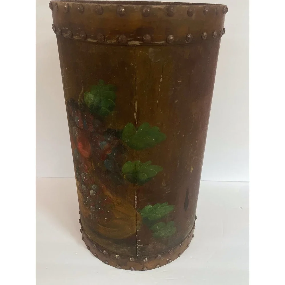 Vintage Hand Painted Tole Fruit Basket Umbrella Stand Tall Decorative Floor Vase